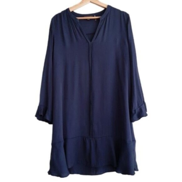 REPEAT Silk Blend Long Sleeve Shift Mini Dress Navy Blue Sz L - Picture 1 of 10